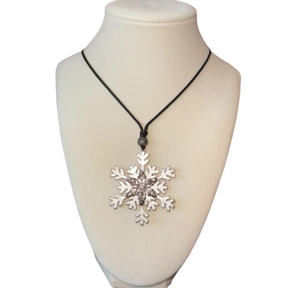 J. Jill Rhinestone Snowflake Pendant Necklace Reversible Adjustable Cord Rustic - Picture 8 of 16